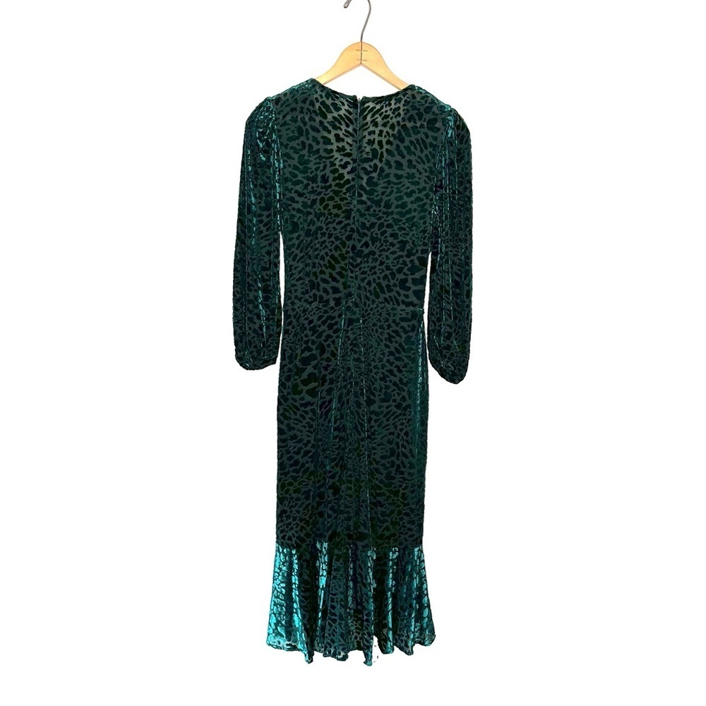 Calvin Klein | Dark Green Burnout Velvet Puff-Sleeve Dress Size 8 - Picture 4 of 12